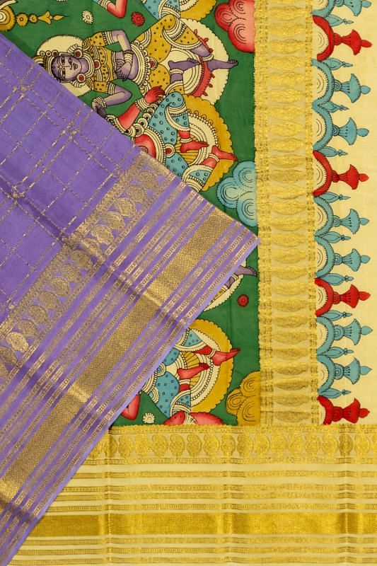 Georgette Crepe Checks Lavender Saree With Kalamkari Pallu