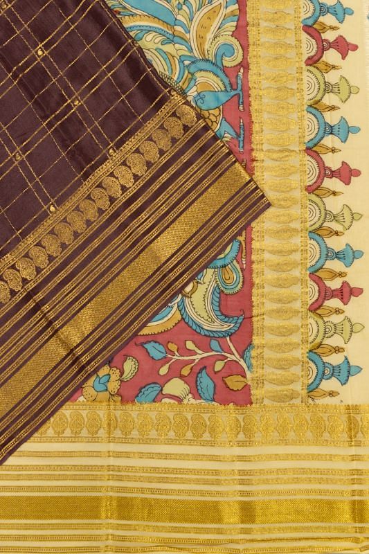 Georgette Crepe Checks Brown Saree With Kalamkari Pallu