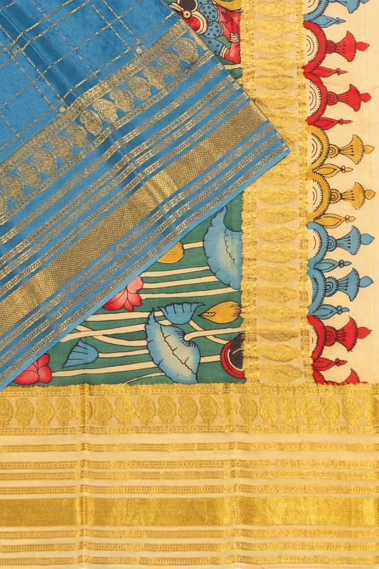 Georgette Crepe Checks Powder Blue Saree With Kalamkari Pallu