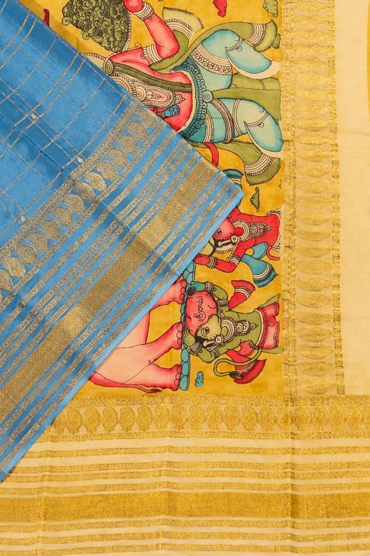 Georgette Crepe Checks Powder Blue Saree With Kalamkari Pallu