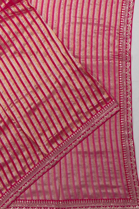 Organza Vertical Lines Pink Saree With Embroidery Border