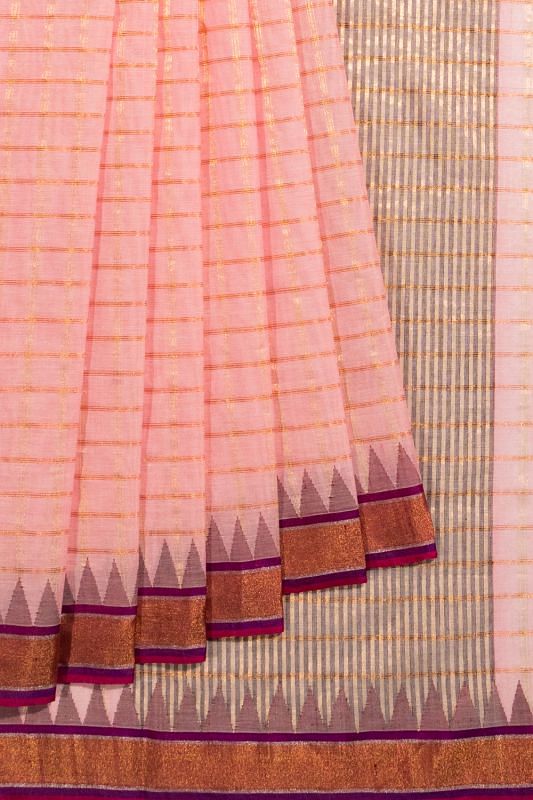 Ponduru Handspun Cotton Checks Peach Saree