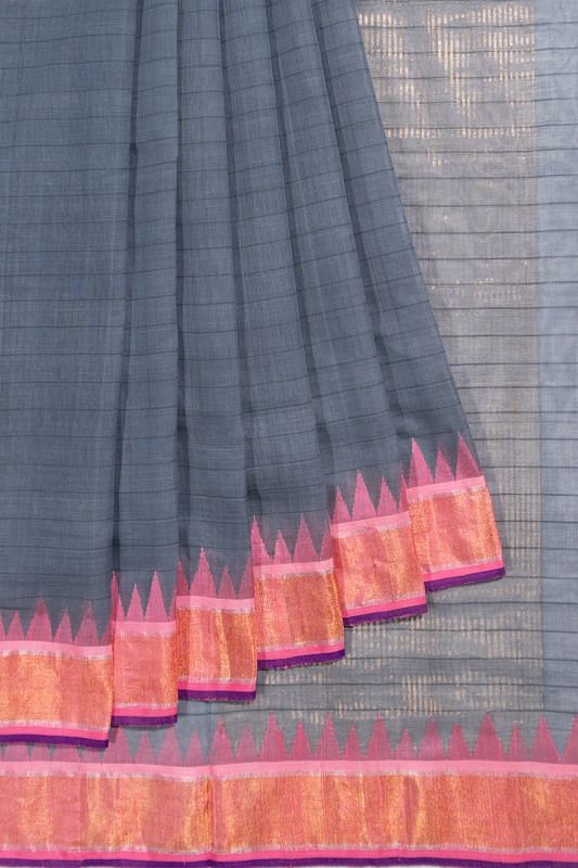 Ponduru Handspun Cotton Horizontal Lines Grey Saree