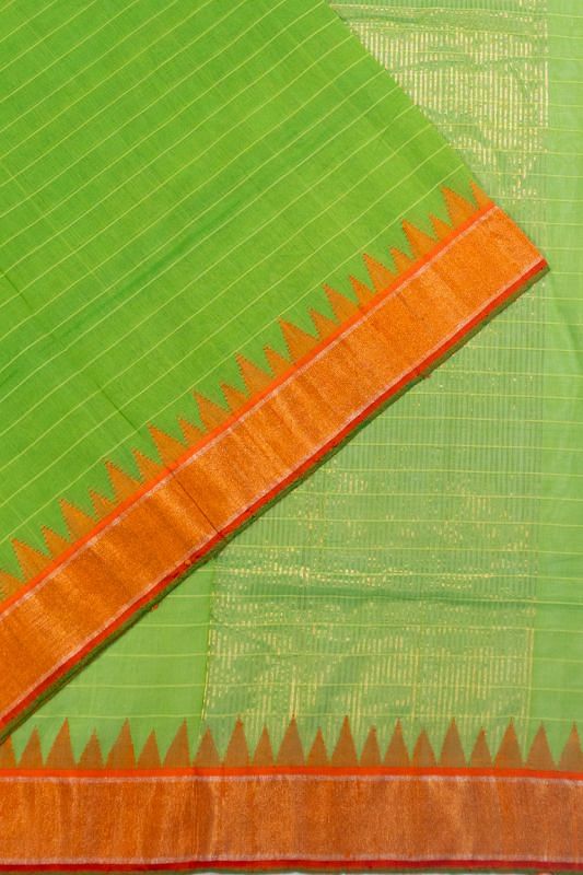 Ponduru Handspun Cotton Horizontal Lines Parrot Green Saree