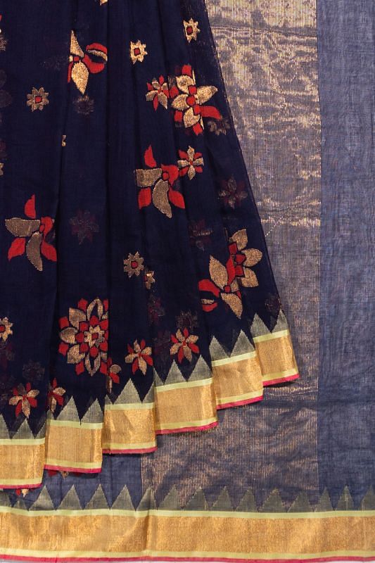 Ponduru Handspun Cotton Jamdani Butta Dark Blue Saree