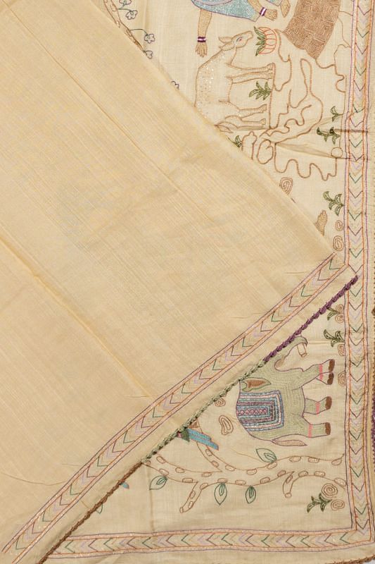 Tussar Embroidery Cream Saree