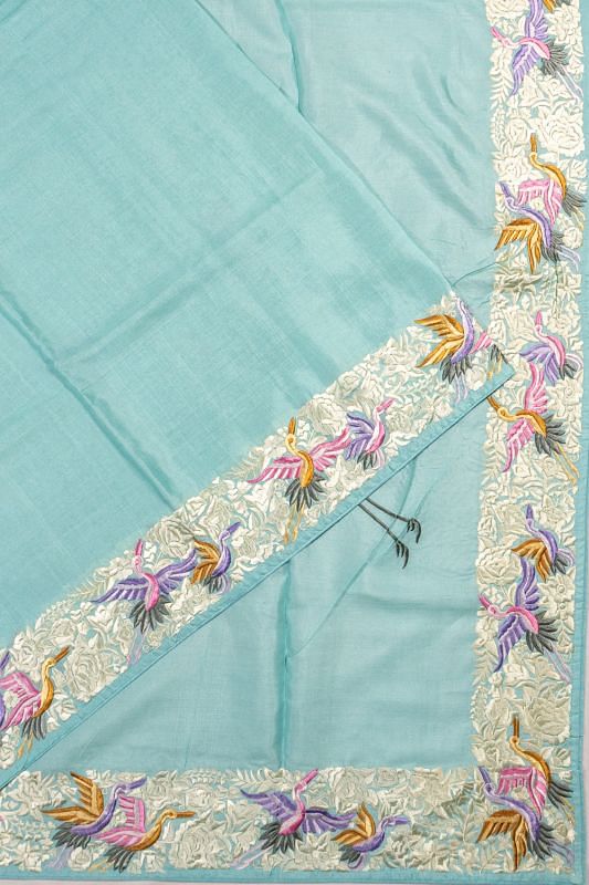 Tussar Plain Baby Sky Blue Saree With Embroidery Border And Pallu