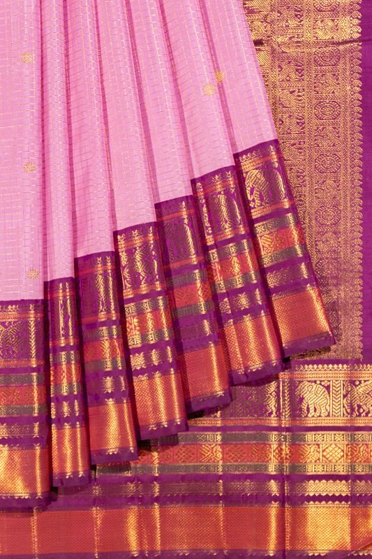 Kanchipuram Silk Checks And Butta Pink Saree