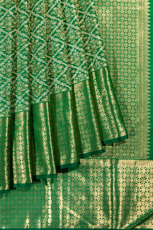 Kanchipuram Silk Criss Cross Checks And Butta Green Saree