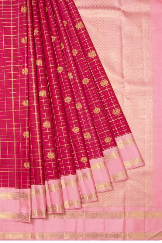 Classic Kanchipuram Silk Checks And Butta Pink Saree