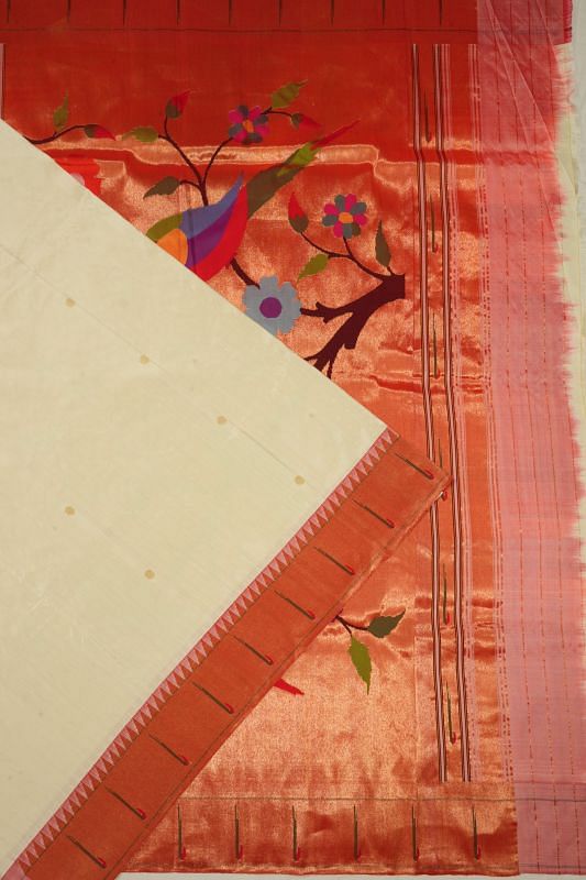 Paithani Silk Butta Off White Saree With Single Muniya Border