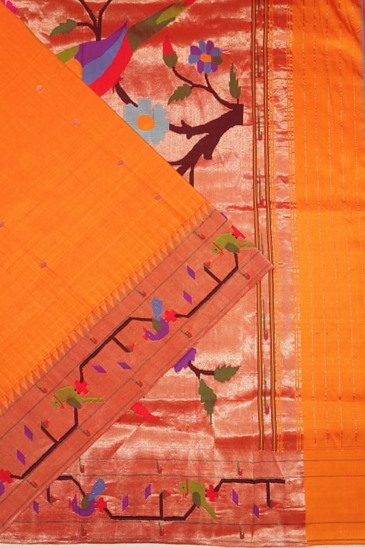 Paithani Silk Butta Orange Saree With Akruthi Border