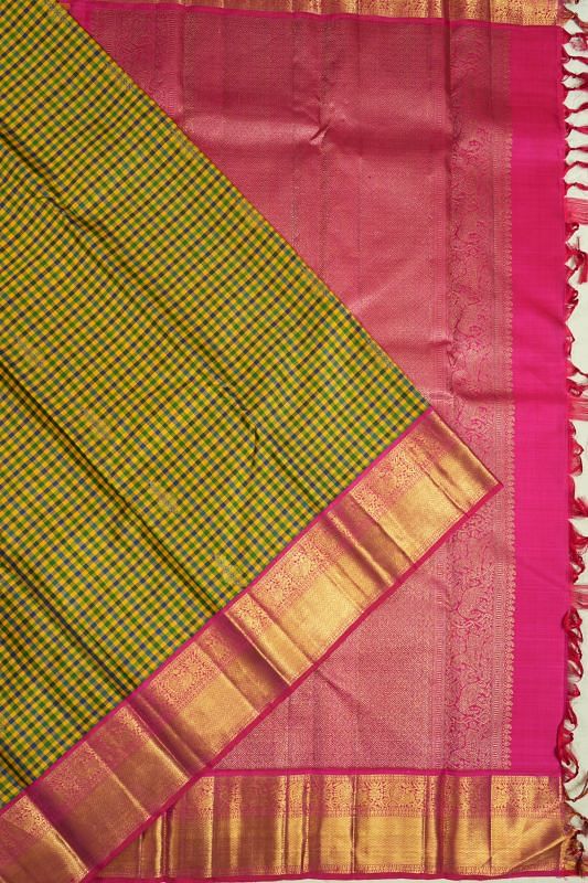 Kanchipuram Silk Checks And Butta Yellow Saree