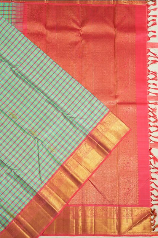 Kanchipuram Silk Checks And Butta Sea Green Saree