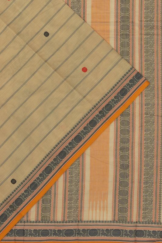 Chettinad Cotton Horizontal Lines And Butta Beige Saree