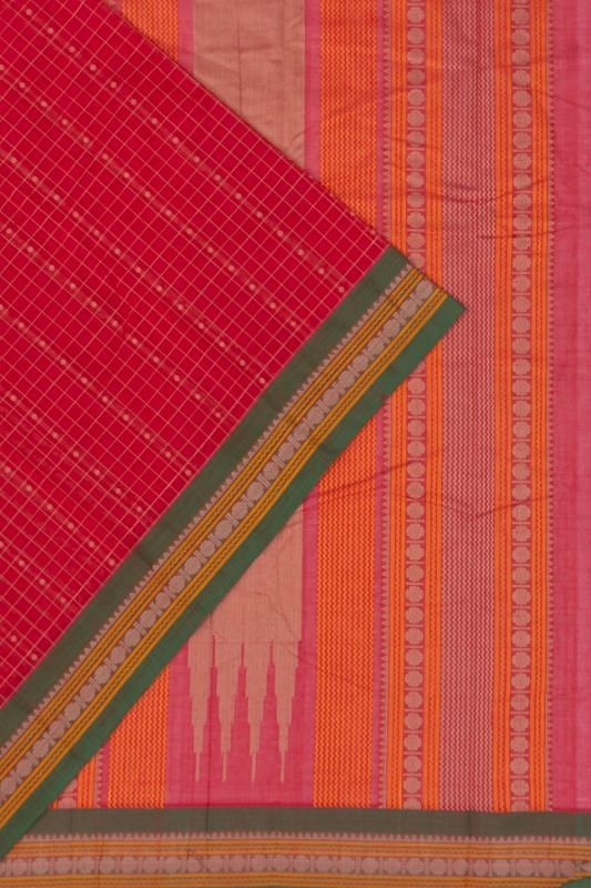 Chettinad Cotton Checks And Butta Redish Pink Saree