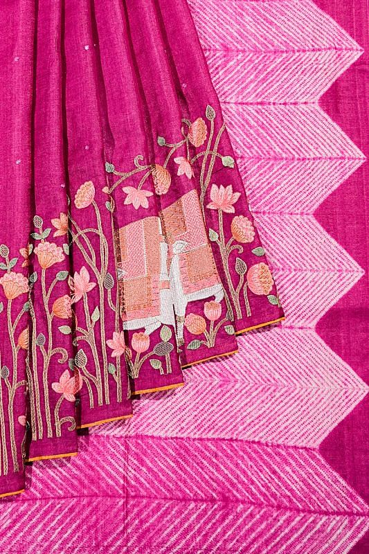 Tussar Embroidery Butta Rani Pink Saree