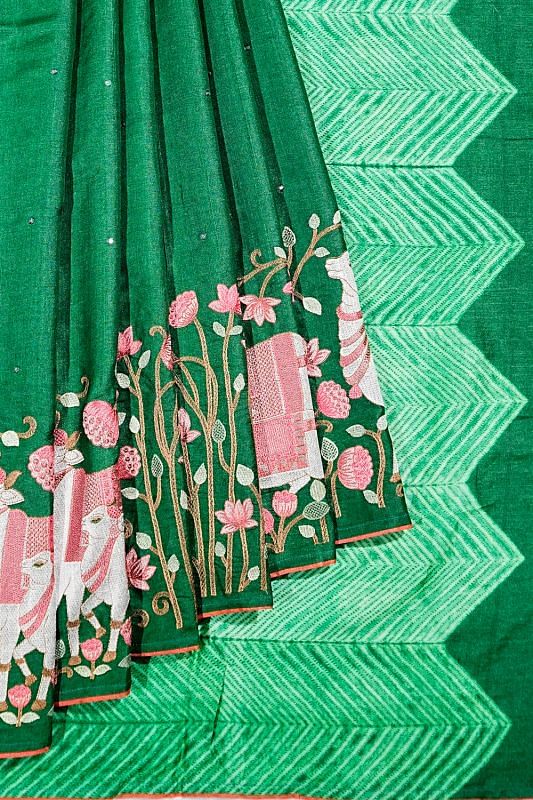 Tussar Embroidery Butta Dark Green Saree