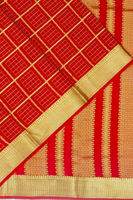 Mysore Silk Checks Red Saree