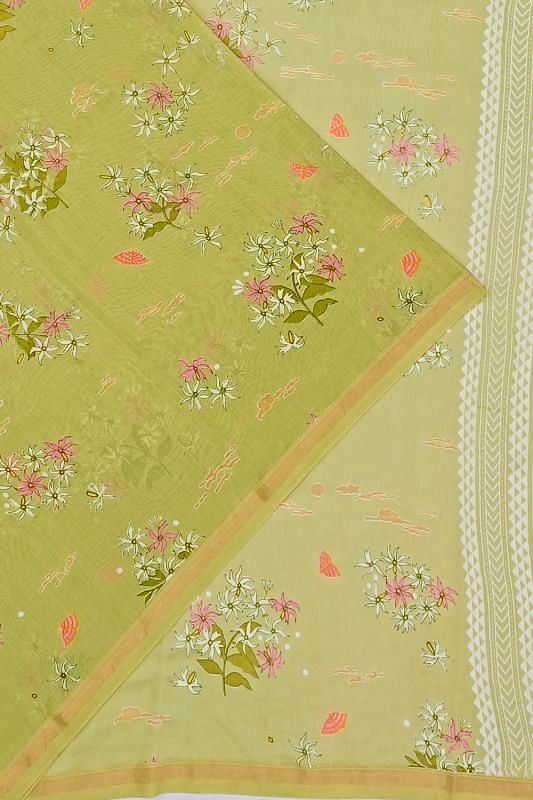 Chanderi Cotton Floral Printed Pista Green Saree