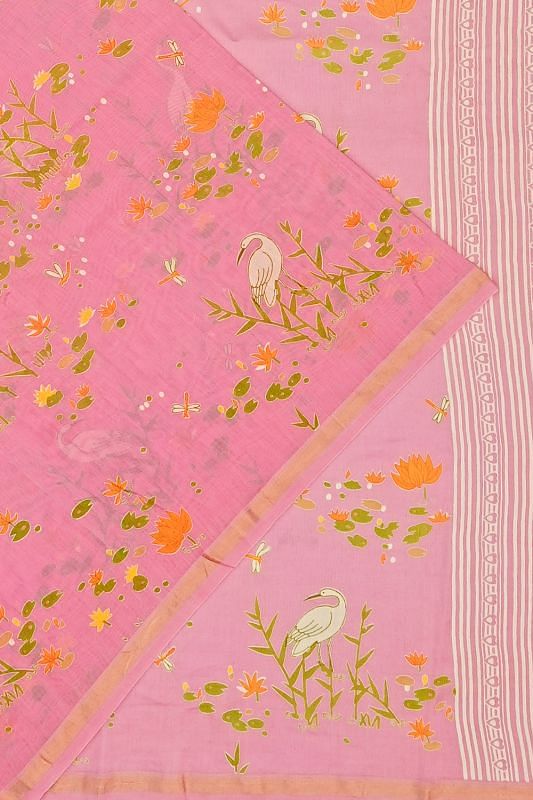 Chanderi Cotton Floral Printed Pink Saree