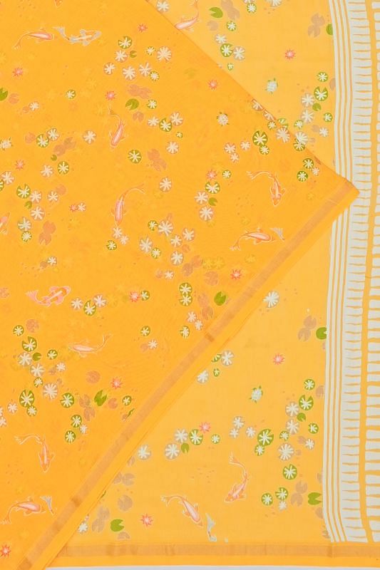 Chanderi Cotton Floral Printed Yellow Saree