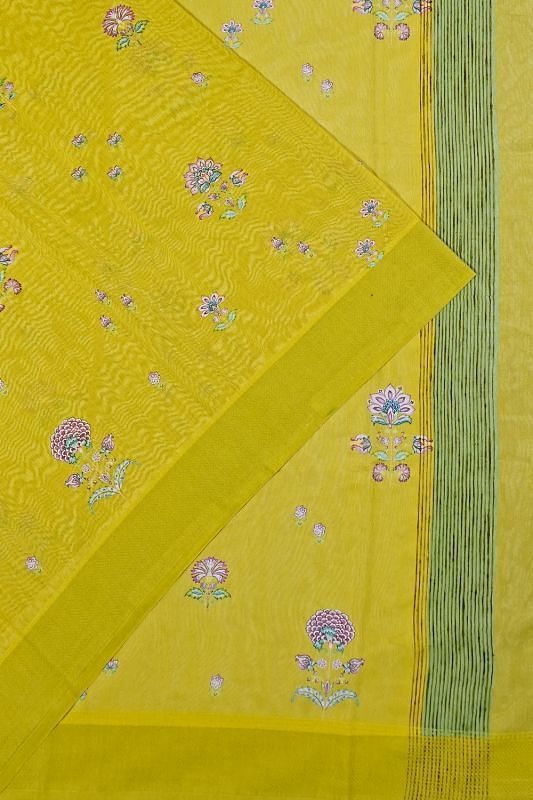 Chanderi Cotton Floral Printed Lemon Yellow Saree