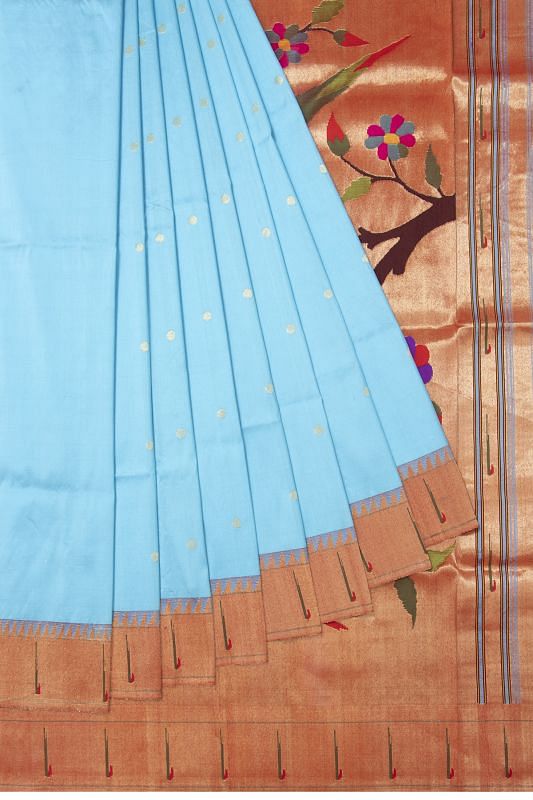 Paithani Silk Butta Sky Blue Saree With Muniya Border