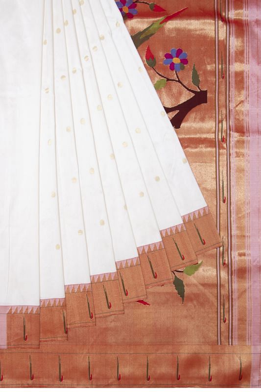 Paithani Silk Butta White Saree With Muniya Border