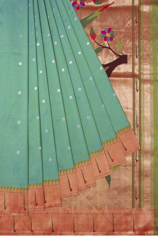 Paithani Silk Butta Dual Tone Green And Blue Saree With Muniya Border