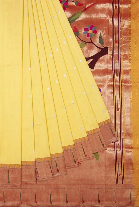 Paithani Silk Butta Lemon Yellow Saree With Muniya Border