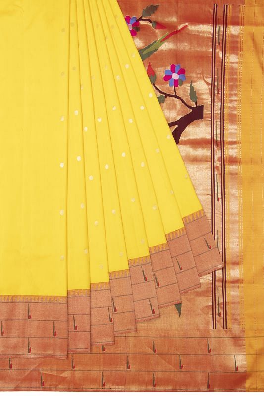 Paithani Silk Butta Yellow Saree With Triple Muniya Border