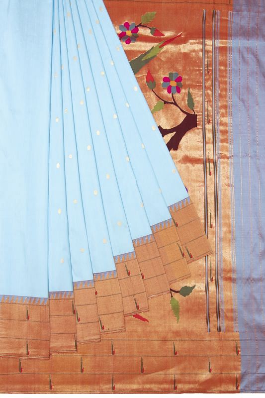 Paithani Silk Butta Powder Blue Saree With Triple Muniya Border