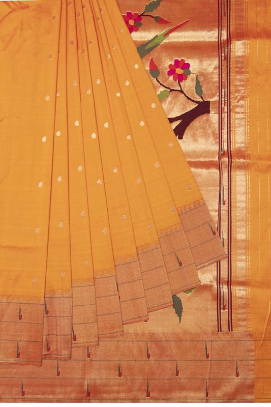 Paithani Silk Butta Mustard Yellow Saree With Triple Muniya Border