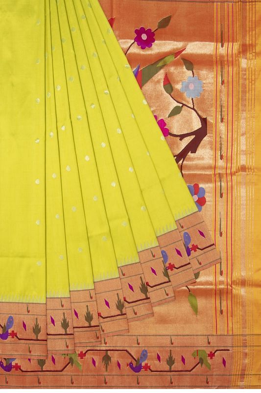 Paithani Silk Butta Parrot Green Saree With Akruthi Border