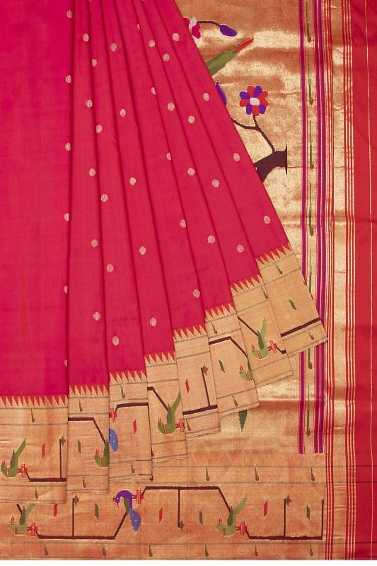 Paithani Silk Butta Redish Pink Saree With Akruthi Border