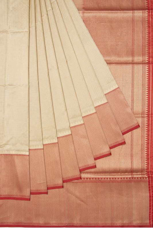 Banarasi Silk Checks Cream Saree