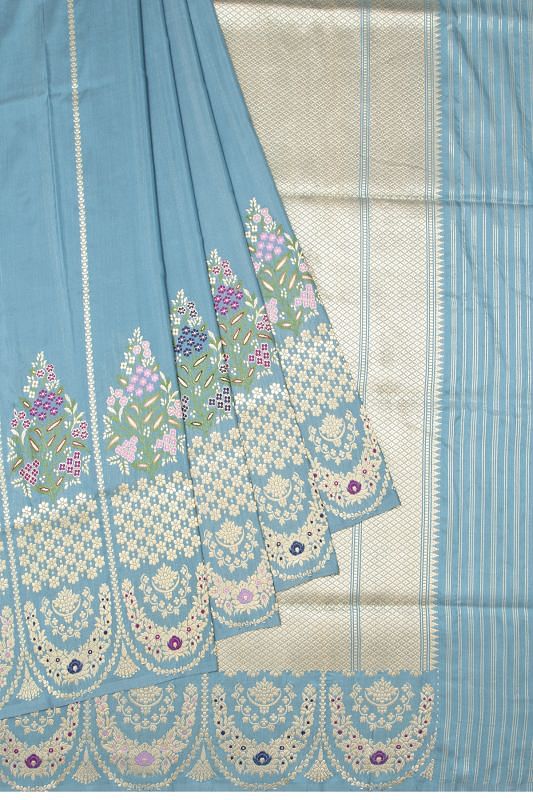 Banarasi Silk Vertical Lines Powder Blue Saree