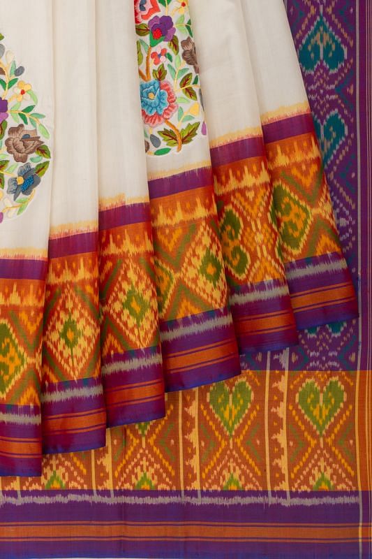 Parsi Gara X Rajkot Patola Silk Ikat Butta White Saree