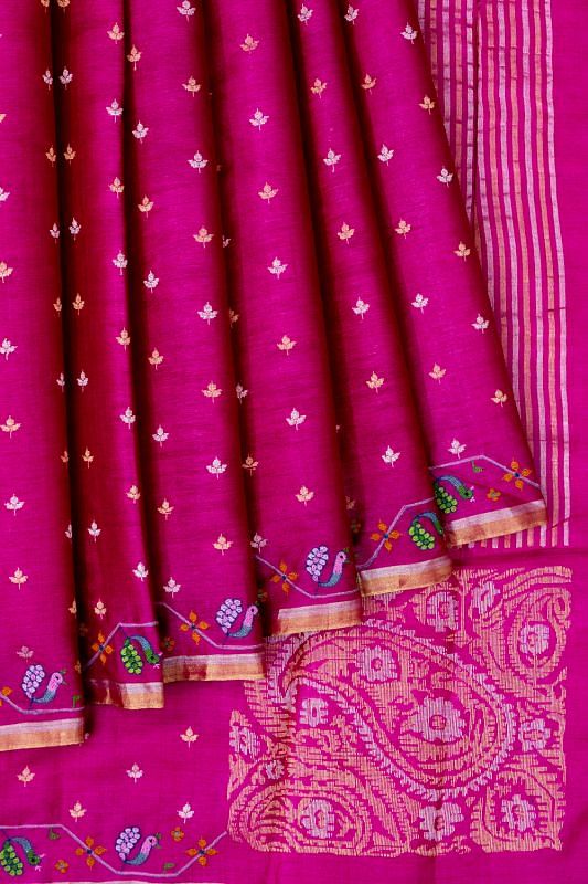 Pure Tussar Butta Rani Pink Saree With Embroidery