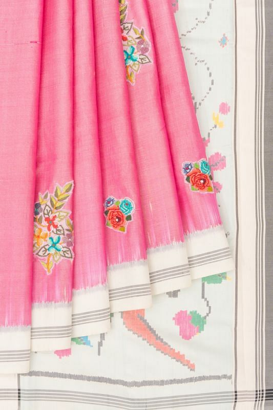 Rajkot Patola Silk Ikat Embroidery Butta Baby Pink Saree