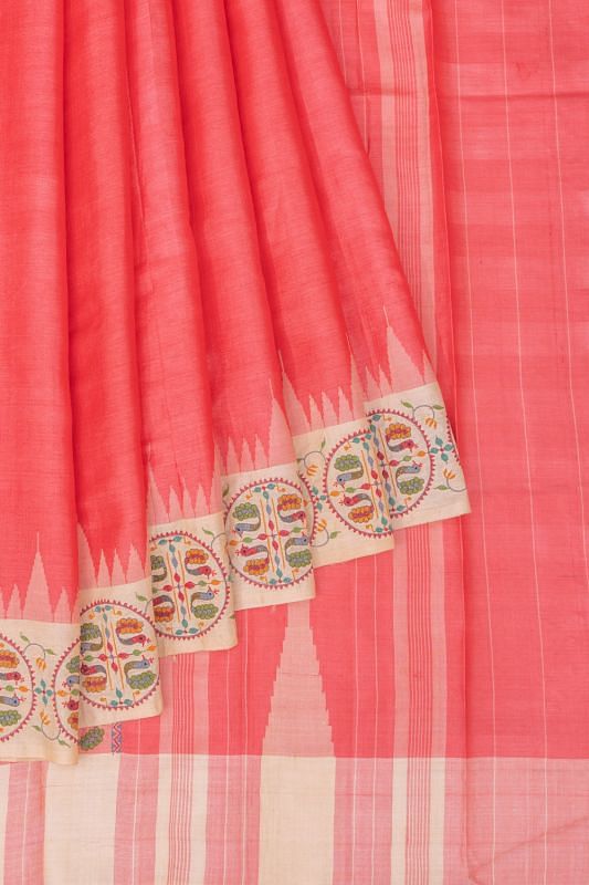 Pure Tussar Plain Peach Saree With Embroidery Border