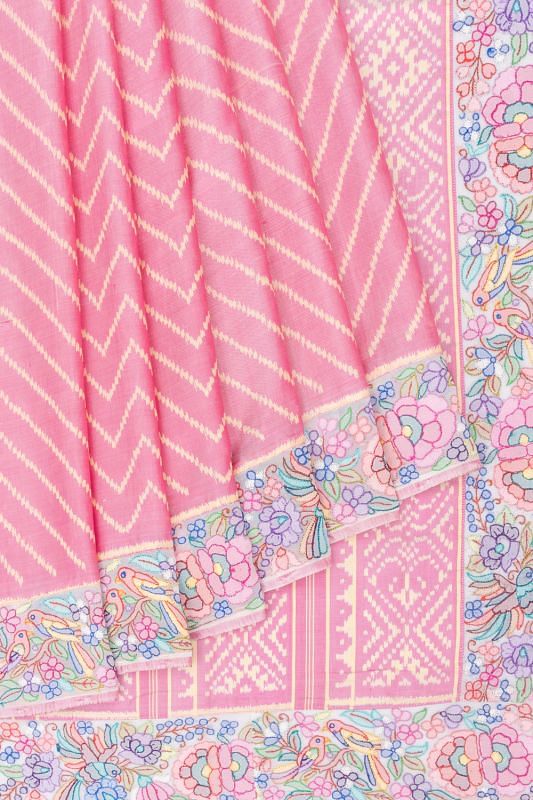 Rajkot Patola Silk Ikat Baby Pink Saree With Attached Kantha Work