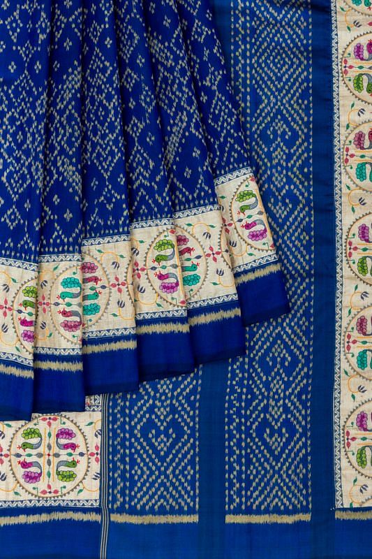 Rajkot Patola Silk Ikat Royal Blue Saree With Embroidery Border