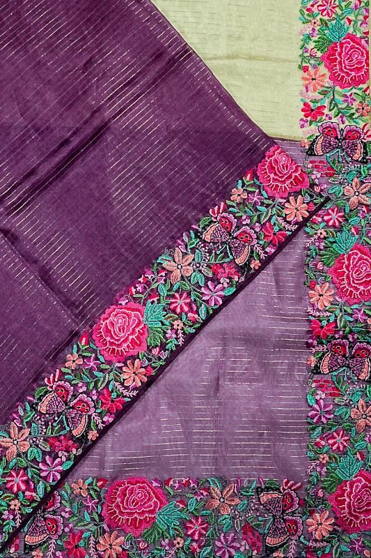 Organza Horizontal Lines Half And Half Cream And Purple Saree