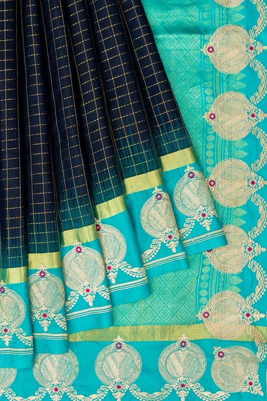 Kanchipuram Silk Checks Dark Blue Saree With Embroidery Border