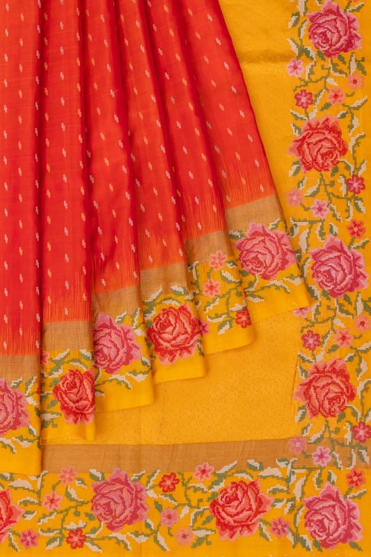 Kanchipuram Silk Brocade Orange Saree With Embroidery Border