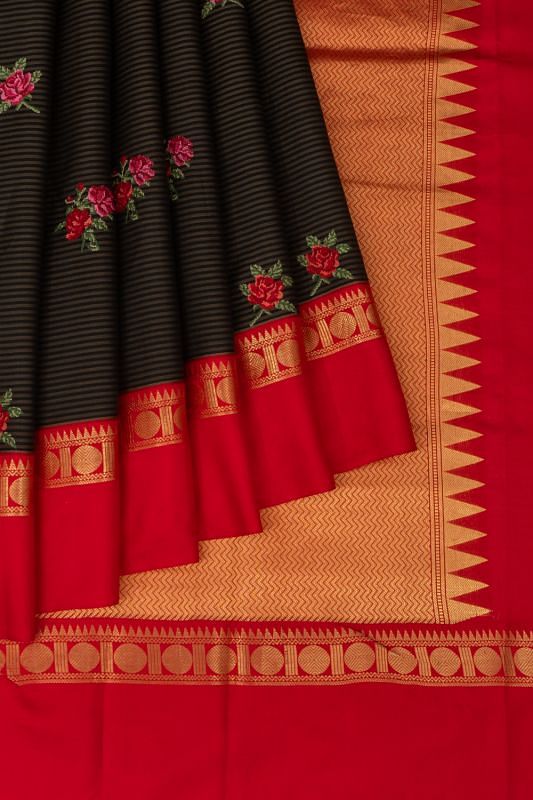 Kanchipuram Silk Horizontal Lines And Embroidery Butta Black Saree