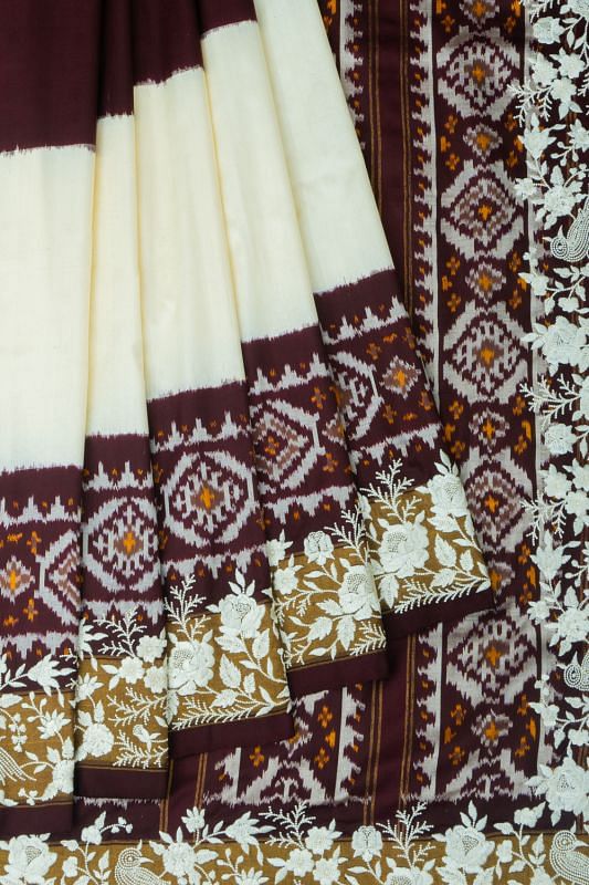 Rajkot Patola Silk Ikat White And Coffee Brown Saree With Embroidery Border