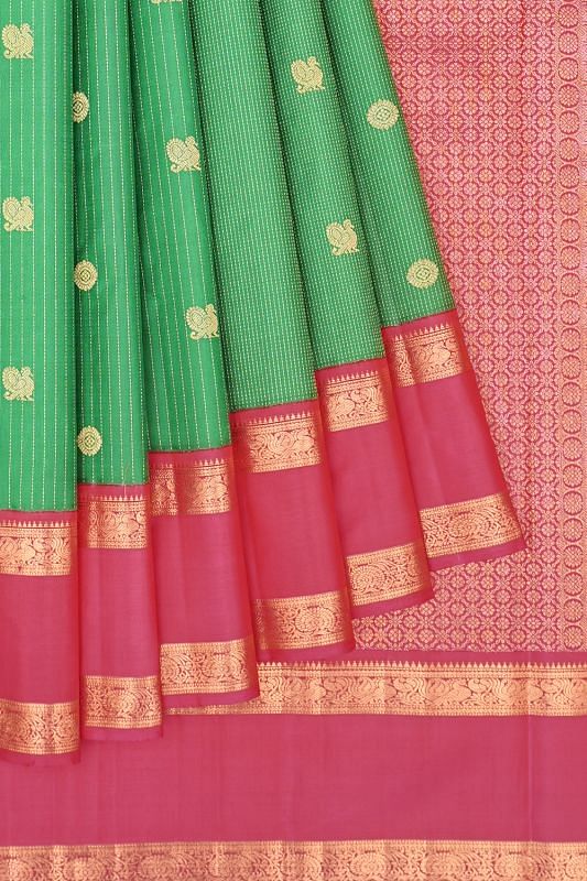 Kanchipuram Silk Vertical Lines And Butta Dark Green Saree